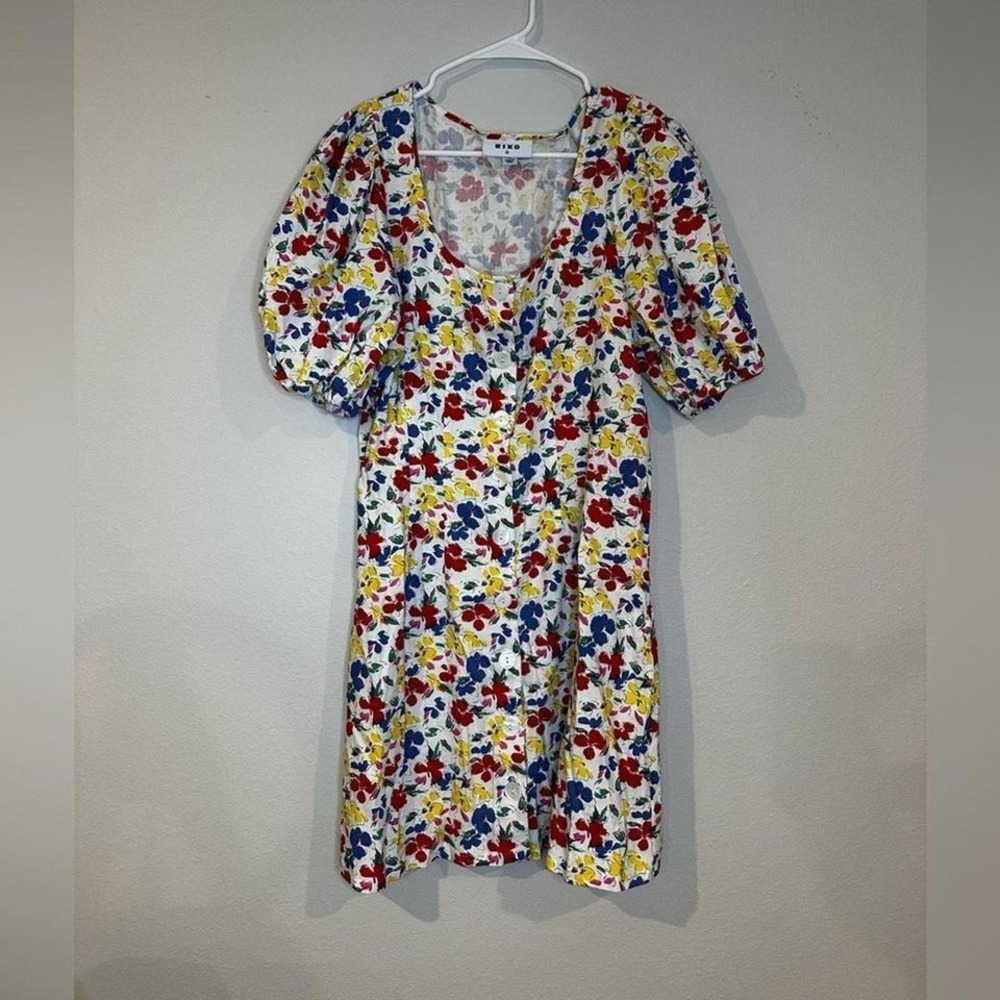 Rixo brand dress baby doll style white mini dress multicolored flowers size 12.